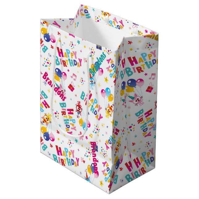 Children's Birthday Party Custom Name Medium Gift Bag (Front Angled)