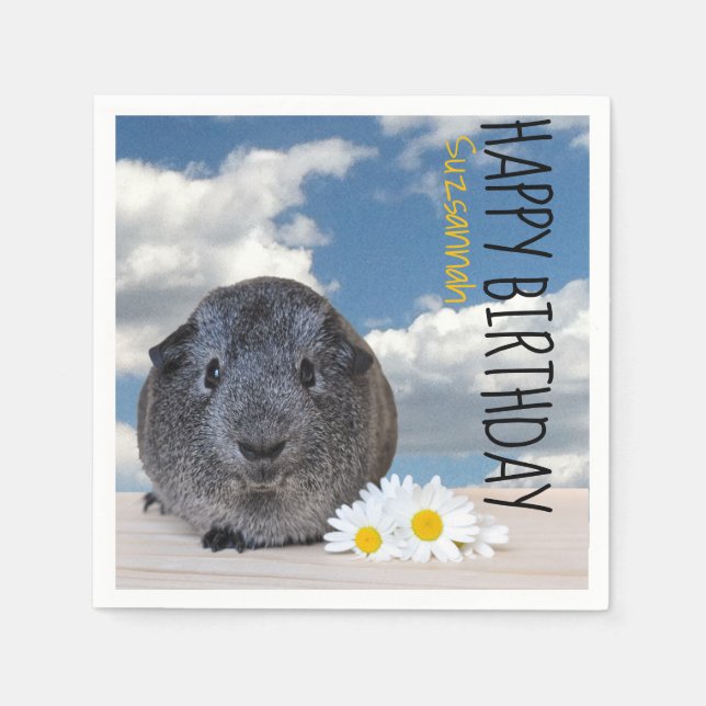 Children's Birthday Party Daisies Grey Guinea Pig Napkin (Front)