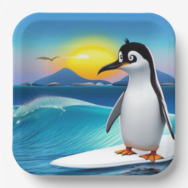 Childrens Birthday Party Penguin Surfing  Paper Plate (Front)
