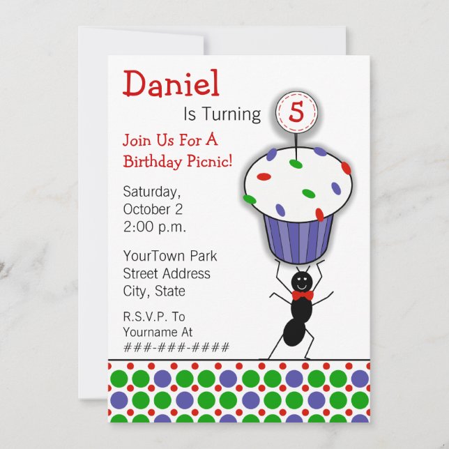 Childrens Birthday Picnic Party - Ant & Cupcake Invitation (Front)