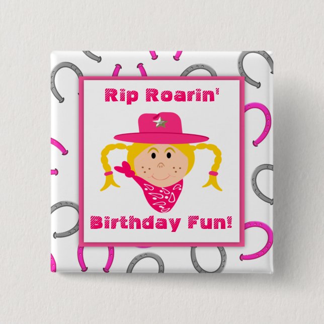 Children's Blonde Cowgirl Horseshoes Party Favour 15 Cm Square Badge (Front)