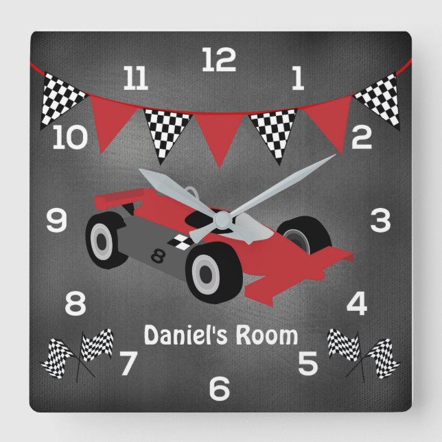 Children's Chalkboard Race Car Personalised Clock (Front)