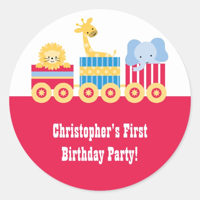 Children's circus train birthday party stickers (Front)