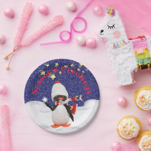 Children's Cute Christmas Penguin Party Template Paper Plate