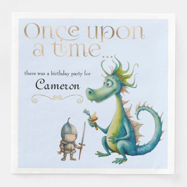 Children's Fairy Tale Dragon and Knight Blue Napkin (Front)