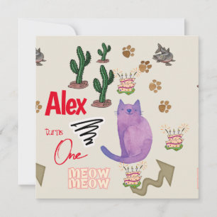 Children's First Birthday Invitation Cat Fish Paws