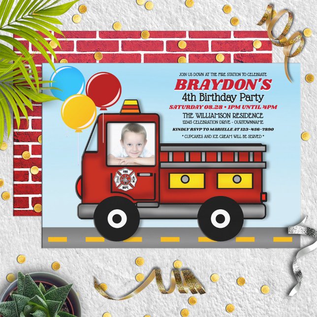 Children's Fun Cartoon Firefighter Birthday Party  Invitation (Creator Uploaded)
