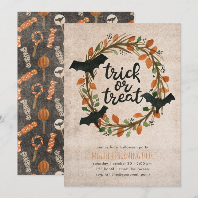 Childrens Halloween Birthday Party Trick Treat Bat Invitation (Front/Back)