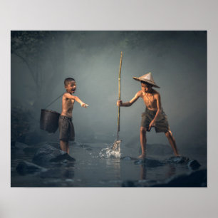 Children's happiness in traditional asian fishing poster