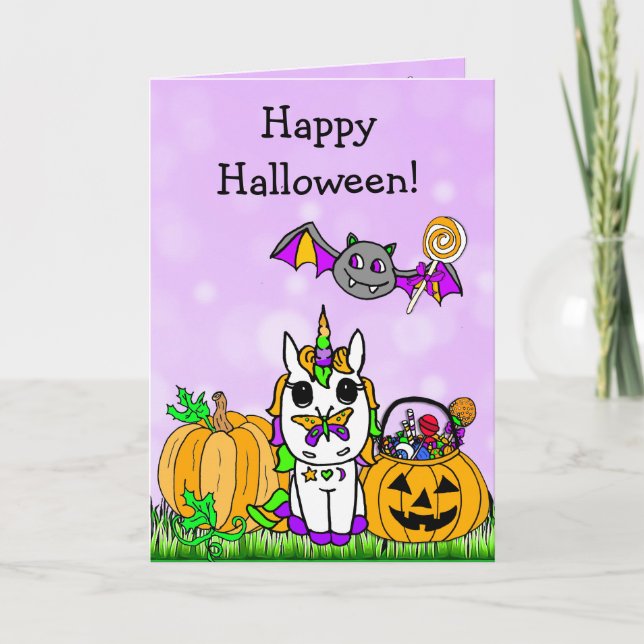 Children's Happy Halloween Purple Unicorn Cartoon Card (Front)