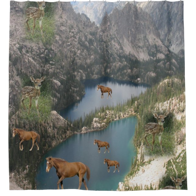 Childrens horses deer shower curtain (Front)