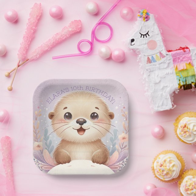 Children's Lilac Sea Otter Cute Birthday Party Paper Plate (Party)