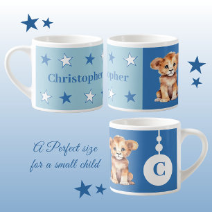 Children's lion mug personalised name blue