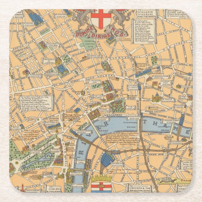 Children's Map of London, England Square Paper Coaster (Front)