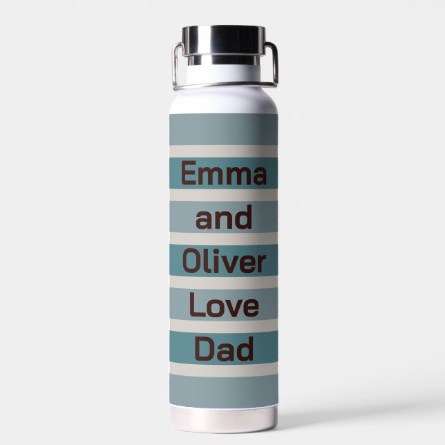 Children's Names Love Dad Blue Stripes Water Bottle (Back)