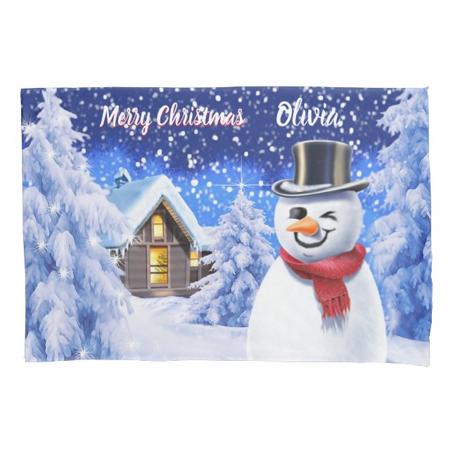 Children's pair of pillowcases Christmas snowman (Front-Left)