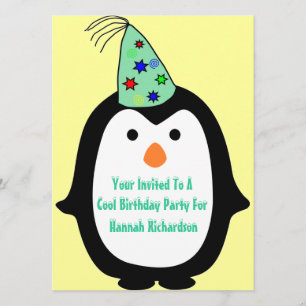 Childrens Penguin In Party Hat Birthday Party Invitation