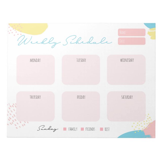 Childrens Personalised Weekly Schedule Notepad (Front)