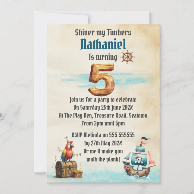 Childrens Pirate Themed Birthday Party Invitation (Front)