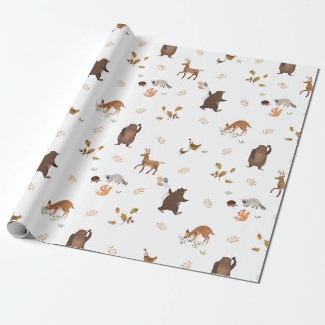 Children's Playful Cute Bear Woodland Forest Gift Wrapping Paper (Unrolled)