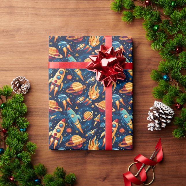Children's Rocket Ship Pattern with Planets  Wrapping Paper (Holiday Gift)