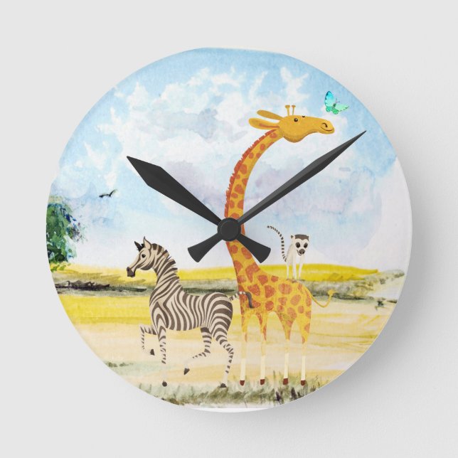 Children's Room Beautiful Zebra Giraffe Lemur Round Clock (Front)