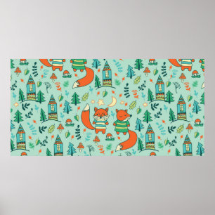 Children's seamless with young foxes. Funny childr Poster