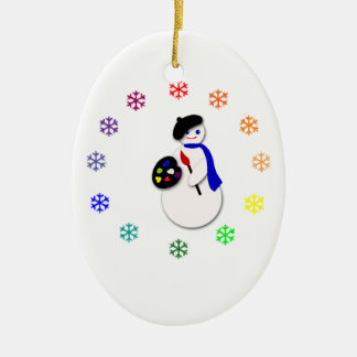 Childrens Snowman Artist w Snowflake Colorwheel Ceramic Tree Decoration