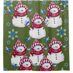 Children's snowman shower curtain red white green