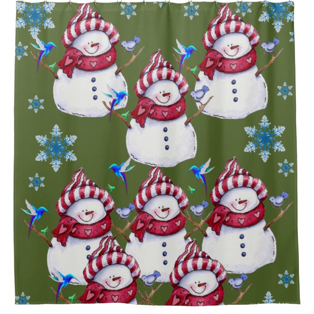 Children's snowman shower curtain red white green (Front)