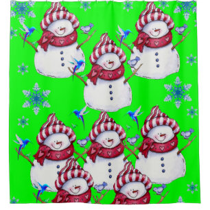 Children's snowman shower curtain red white green