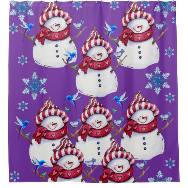 Children's snowman shower curtain red white purple (Front)