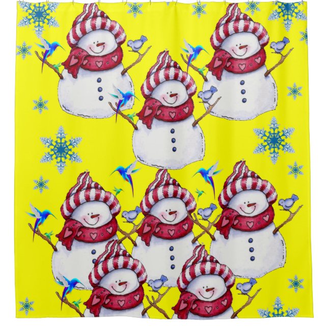 Children's snowman shower curtain red white yellow (Front)