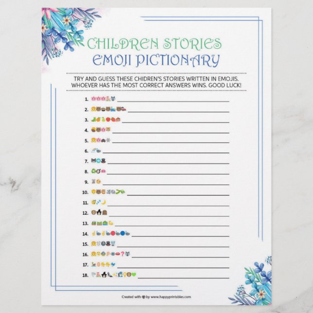 Children's Story Emoji Pictionary [Blue Floral] Custom Letterhead (Front)