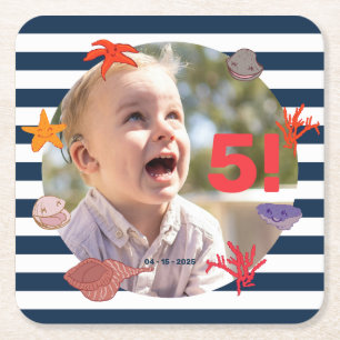 Children's summer sailor's birthday party square paper coaster