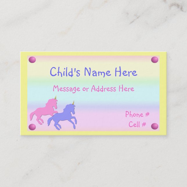 Childrens Unicorn Calling Card (Front)