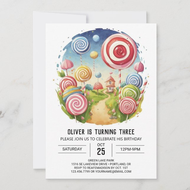 Children's Watercolor Lollipop Birthday Invitation (Front)