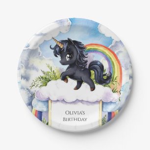 Children's Whimsical Black Unicorn Birthday Paper Plate