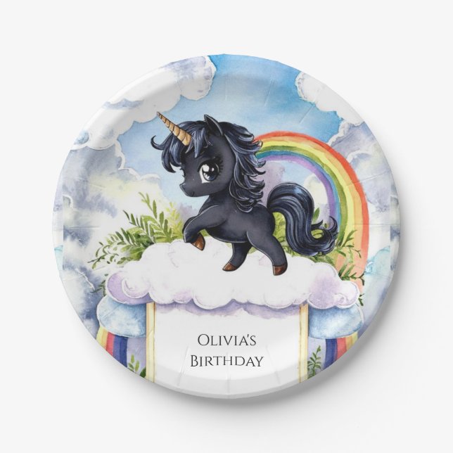 Children's Whimsical Black Unicorn Birthday Paper Plate (Front)