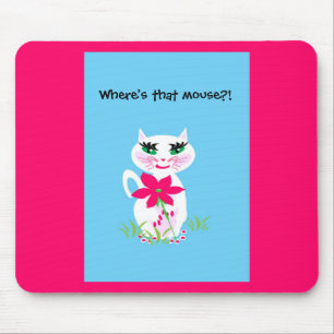 Children's White Cute Kitty Cat Mouse Mat