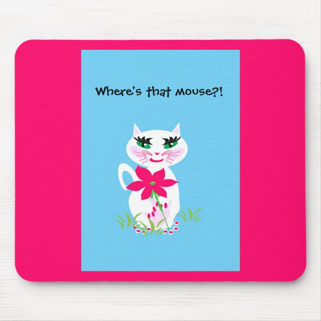 Children's White Cute Kitty Cat Mouse Mat (Front)