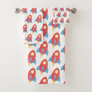 CHILDRENS WHITE SPACE ROCKETS BATHROOM TOWEL SET
