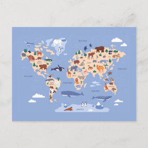 children's world map with animals invitation postcard