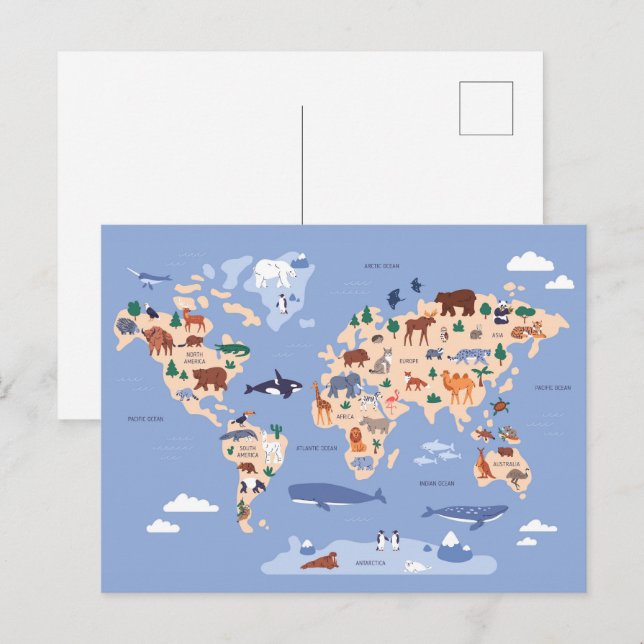 children's world map with animals postcard (Front/Back)