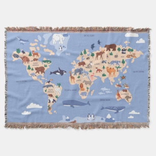 children's world map with animals throw blanket