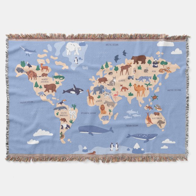 children's world map with animals throw blanket (Front)