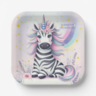 Children's Zebra Unicorn Rainbow Birthday Party Paper Plate