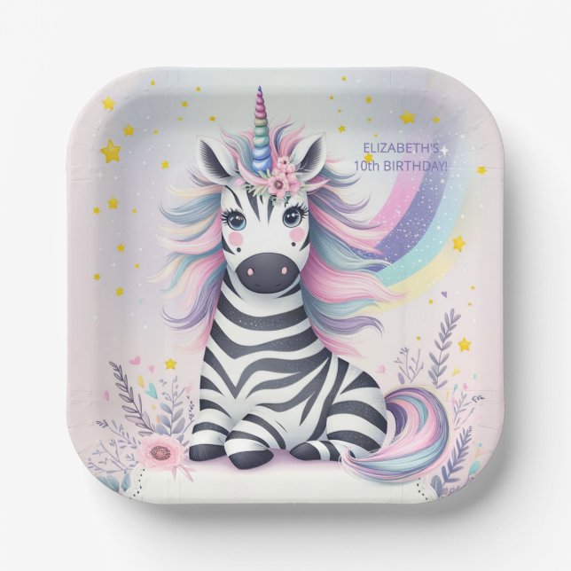 Children's Zebra Unicorn Rainbow Birthday Party Paper Plate (Front)