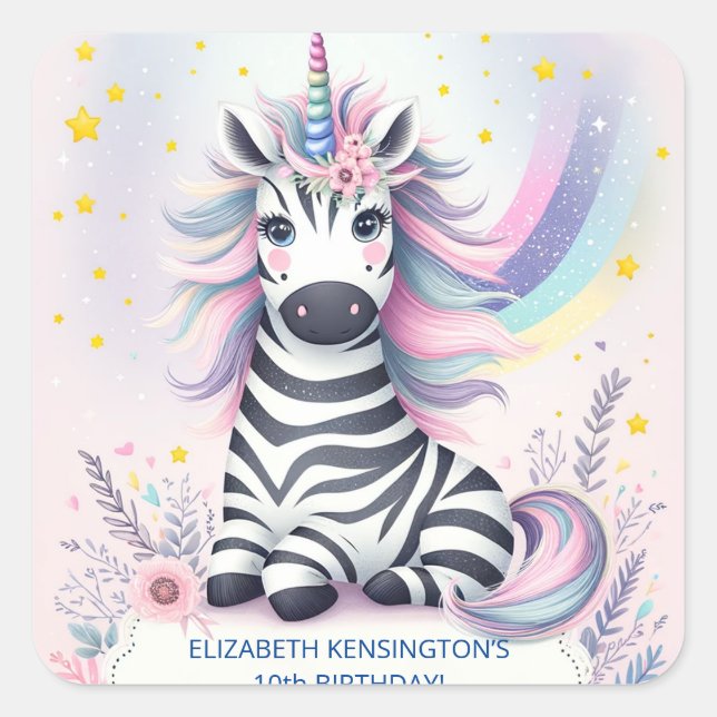 Children's Zebra Unicorn Rainbow Birthday Party Square Sticker (Front)