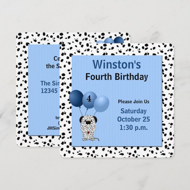 Childs 4th Birthday Dalmatian Theme in Blue Invitation (Front/Back)